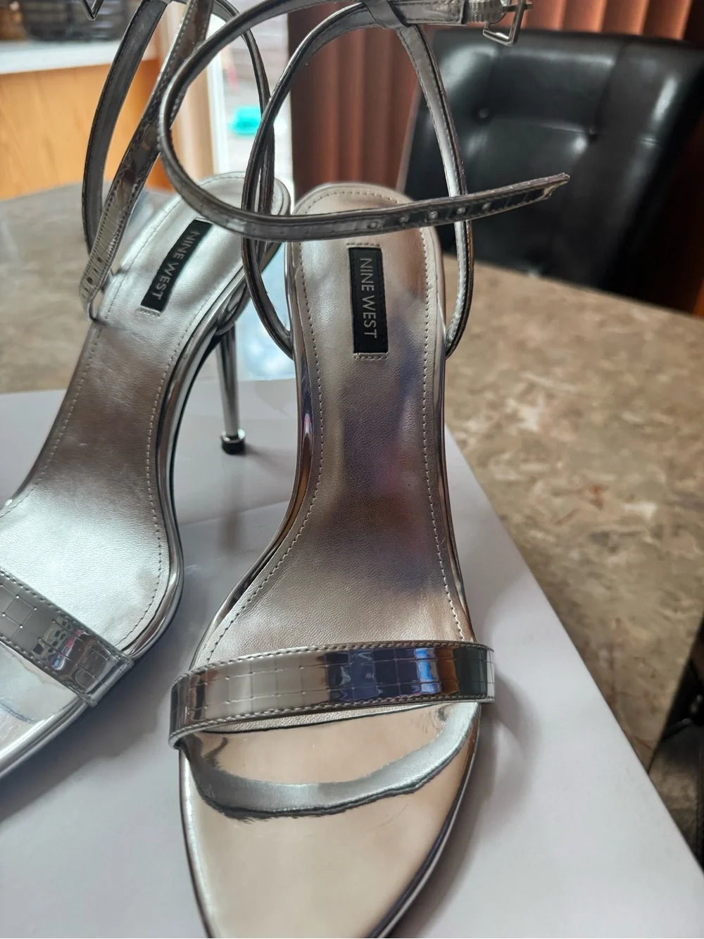 Nine West Reina Silver Ankle-Strap Stiletto Sandals. Only worn ONCE.